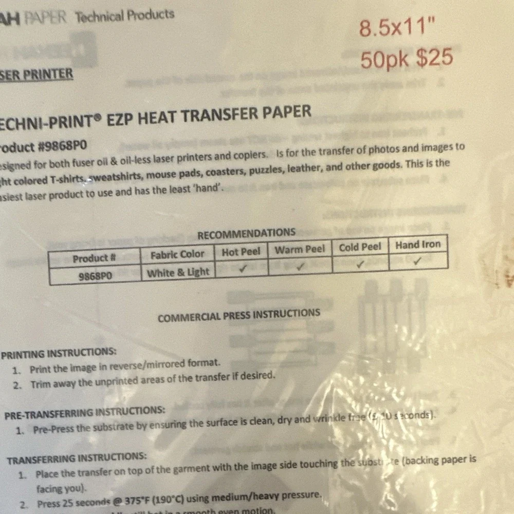 Neenah Paper TECHNI-PRINT EZP Heat Transfer Paper Laser 8.5x11 50pk 9868P0